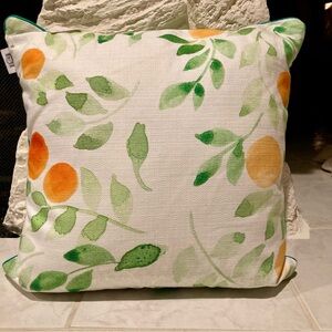 New indoor/outdoor 17” square pillow white background with green botanicals
